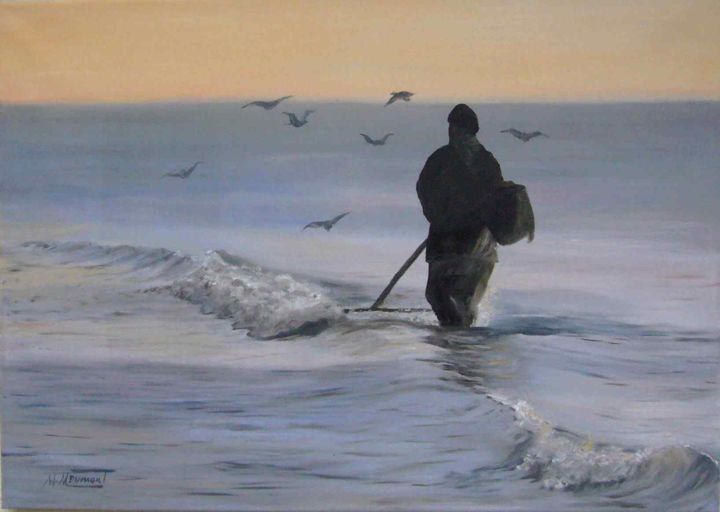 Painting titled "Pêcheur solitaire" by Marie-Mathilde Dumont, Original Artwork, Oil