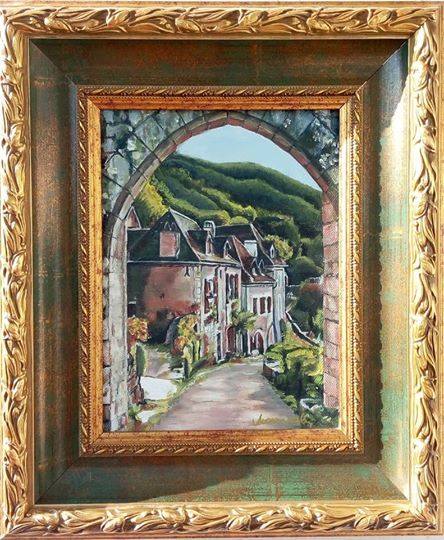 Painting titled "Little houses" by Margaréta Moravszki, Original Artwork, Oil Mounted on Wood Stretcher frame