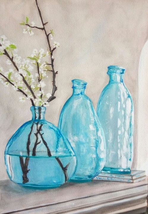 Painting titled "Three Bottles" by Margaréta Moravszki, Original Art, Watercolor
