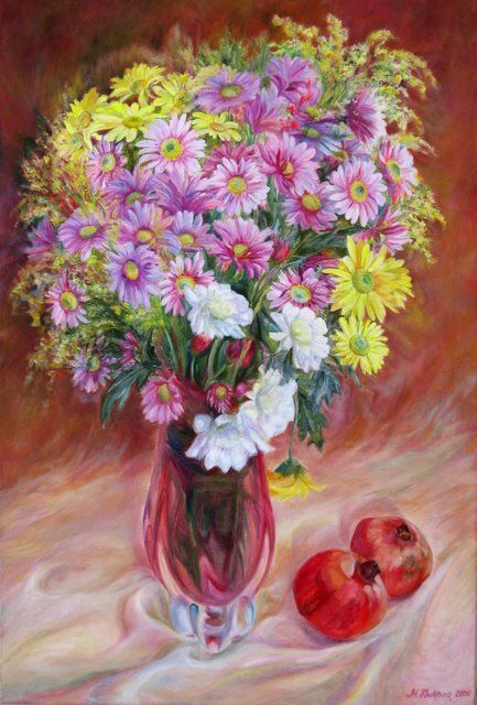 Painting titled "Flowers and pomegra…" by Maya Bukhin, Original Artwork, Oil