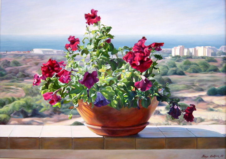 Painting titled "Flowers on the balc…" by Maya Bukhin, Original Artwork, Oil
