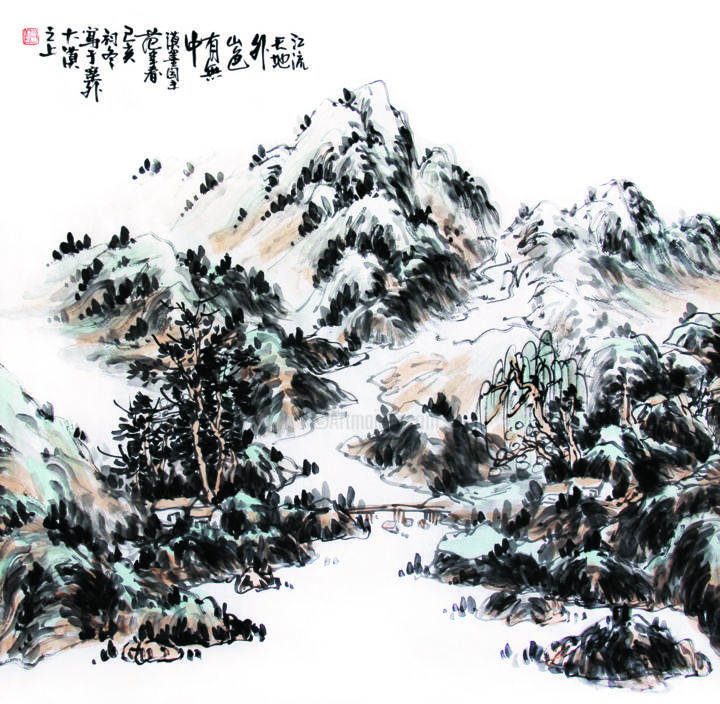 Painting titled "一水山色  范建春国画山水作品" by 漠墨园 Fan, Original Artwork, Ink Mounted on Wood Panel