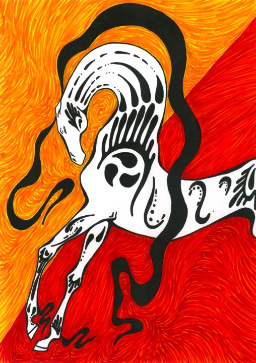 Drawing titled "A3 Elegant horse wi…" by Mmy Rising Sun, Original Artwork, Marker