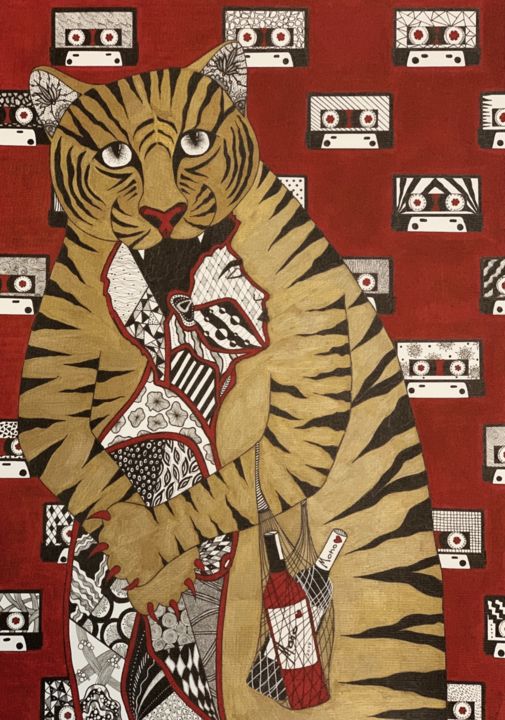 Картина под названием "«Серёжа и тигр»" - Mono, Подлинное произведение искусства, Гелевая ручка