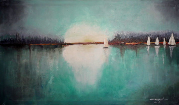 Painting titled "the green lake" by Moayed Shlemon, Original Artwork, Acrylic