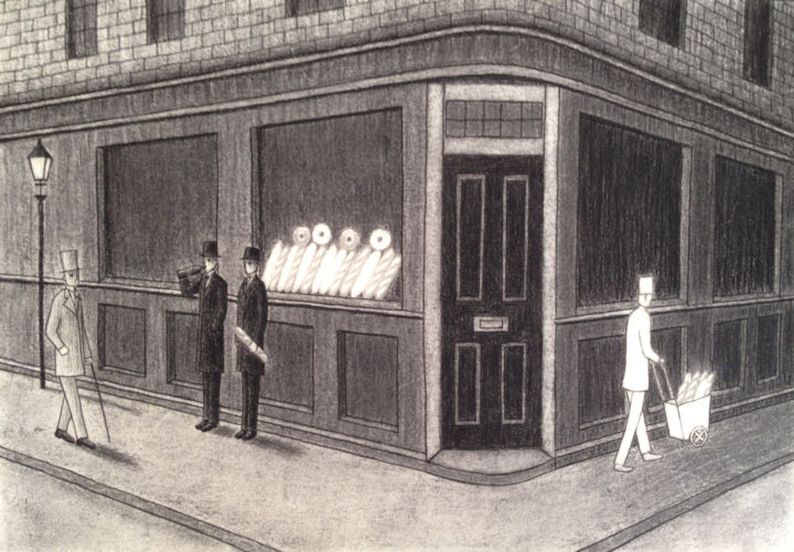 Zeichnungen mit dem Titel "Story of a Bakery 1" von Chiaki Sakai, Original-Kunstwerk, Kohle