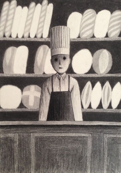 Zeichnungen mit dem Titel "Story of a Bakery 3" von Chiaki Sakai, Original-Kunstwerk, Kohle