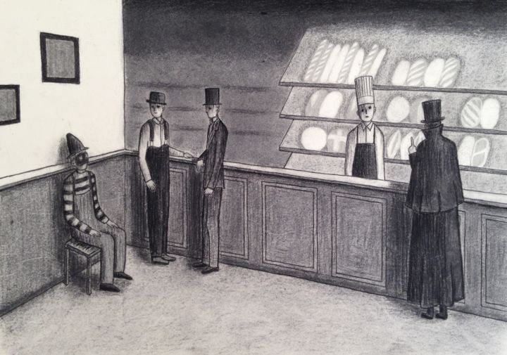 Tekening getiteld "Story of a Bakery 5" door Chiaki Sakai, Origineel Kunstwerk, Houtskool