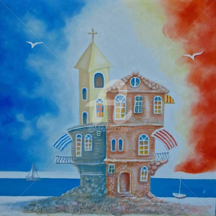 Pittura intitolato "Sea house and Churc…" da Modern Art, Opera d'arte originale, Olio