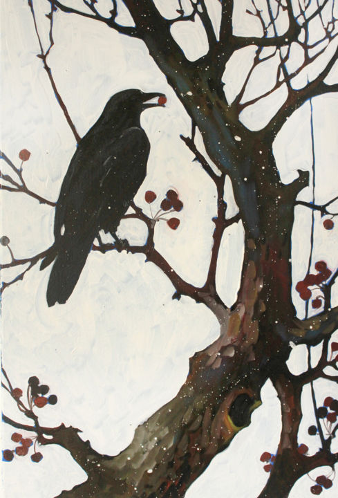 Картина под названием "Ворон и яблоня" - Таисия Менигечева, Подлинное произведение искусства, Масло