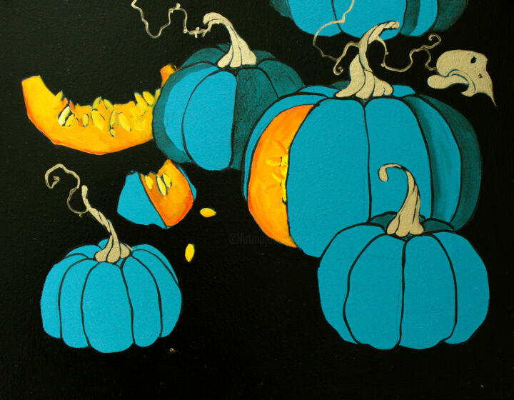 Painting titled "Pumpkins in the dark" by Taisiia Menigecheva, Original Artwork, Oil Mounted on Wood Stretcher frame