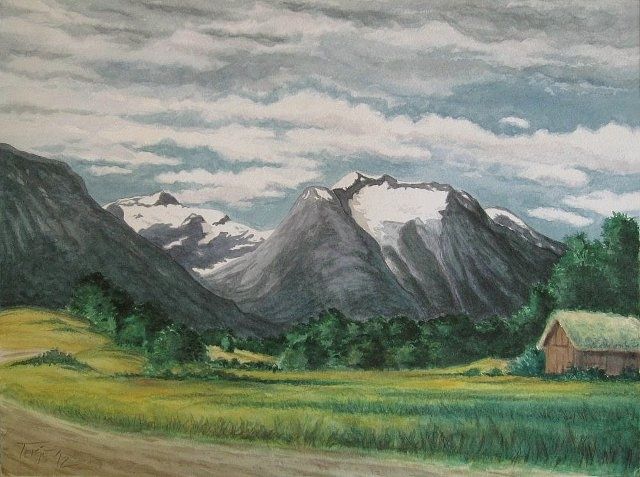 Pittura intitolato "The Stryn Mountains" da Terje Bakkelokken, Opera d'arte originale, Olio