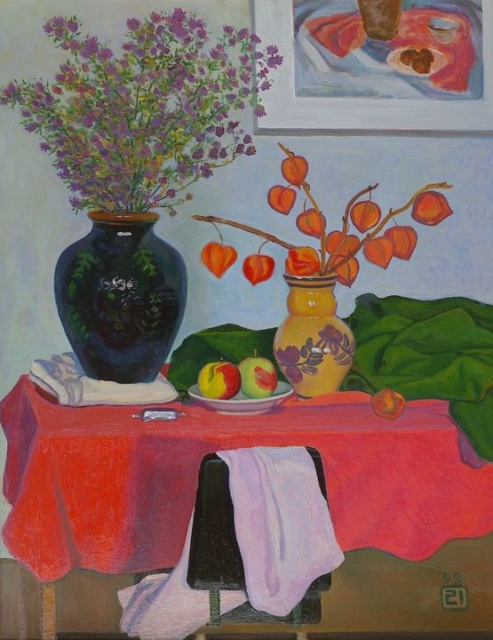 Painting titled "Still life with red…" by Moesey Li, Original Artwork, Oil