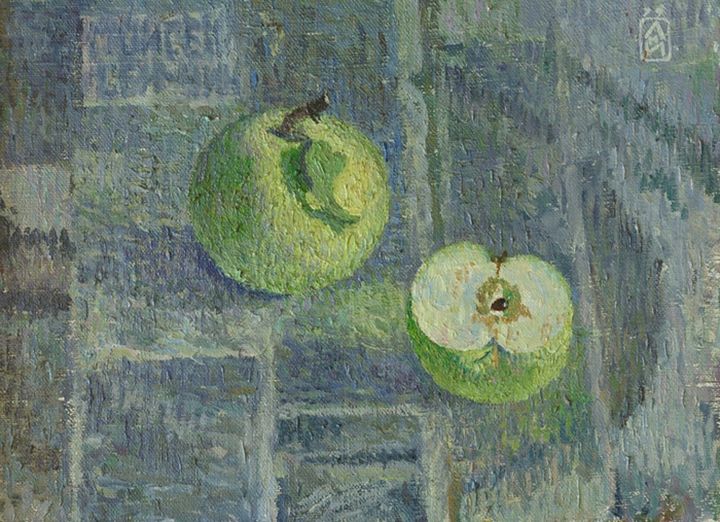 Painting titled "Green apples" by Moesey Li, Original Artwork, Oil