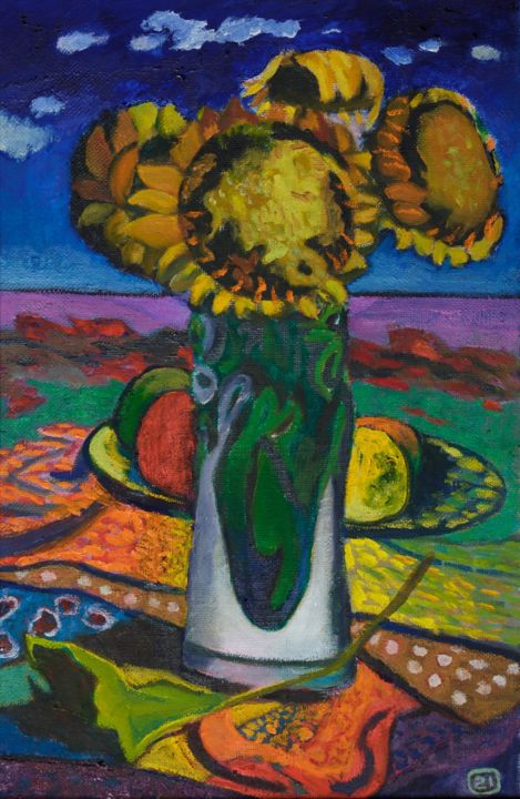 Painting titled "Sunflowers" by Moesey Li, Original Artwork, Oil