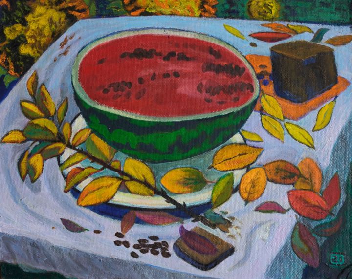 Painting titled "Autumn watermelon" by Moesey Li, Original Artwork, Oil
