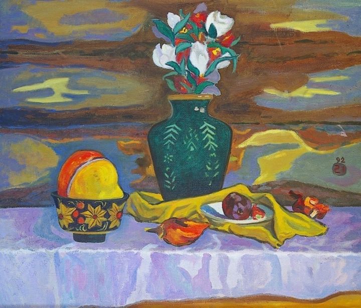 Pintura titulada "Still life with a p…" por Moesey Li, Obra de arte original, Oleo