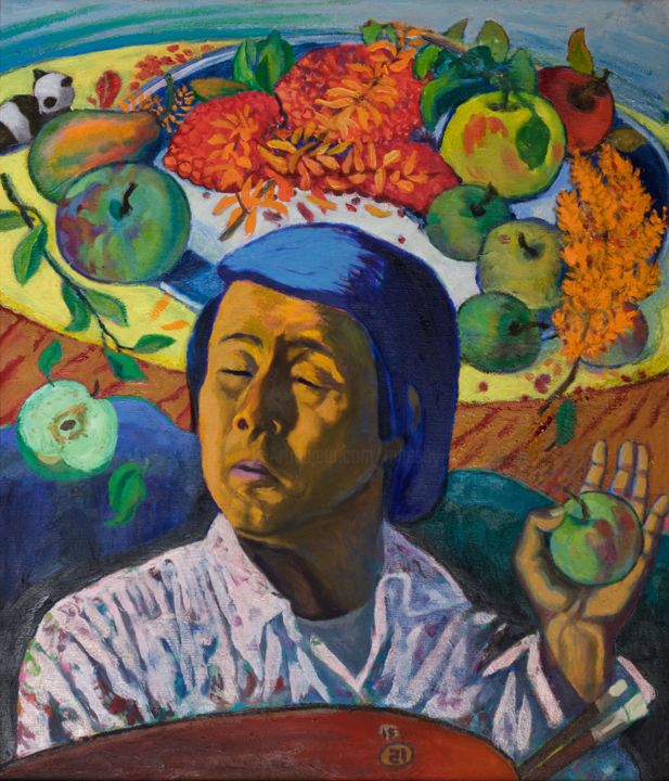 Peinture intitulée "Self-portrait with…" par Moesey Li, Œuvre d'art originale, Huile