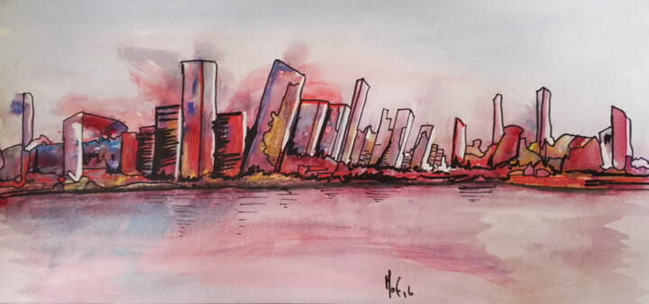Painting titled "purplecity.png" by Mof, Original Artwork, Watercolor