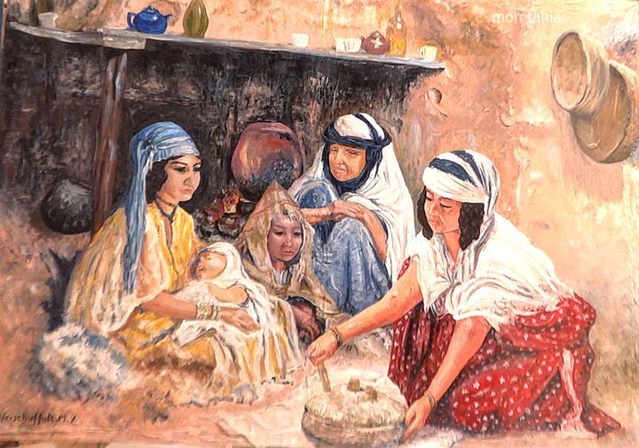 Pintura intitulada "SCÈNE FAMILIALE AUT…" por Moh Yahia, Obras de arte originais, Óleo