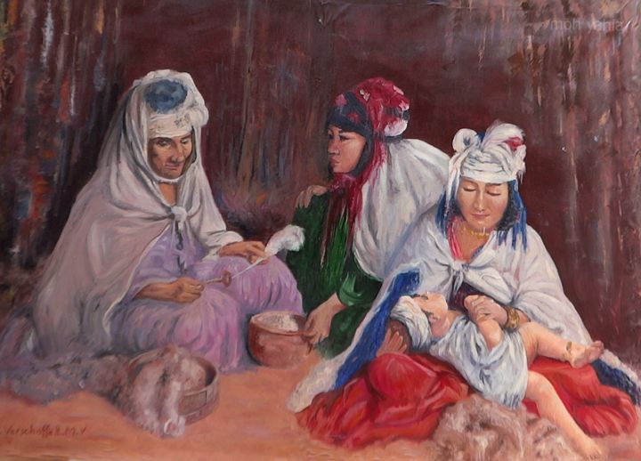 Painting titled "Scène d'intérieur -…" by Moh Yahia, Original Artwork, Oil
