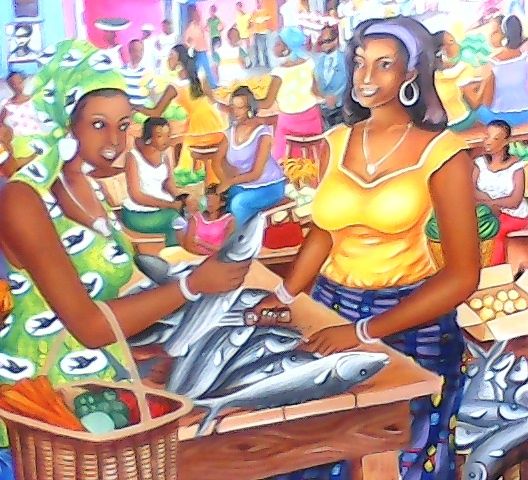 Painting titled "la vendeusede poiss…" by Mohamed Berete, Original Artwork, Acrylic