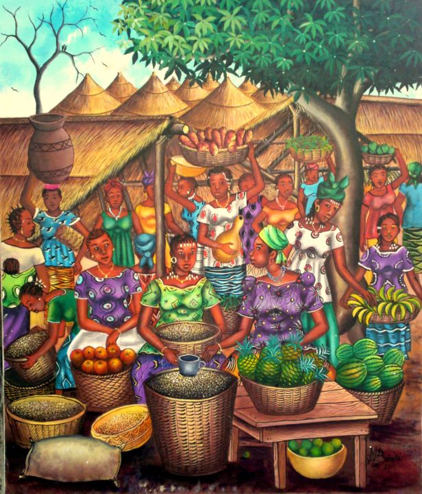 Peinture intitulée "le marché du village" par Mohamed Berete, Œuvre d'art originale, Acrylique