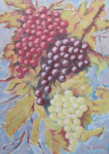 Painting titled "Grappes de raisins" by Mohamed Berkane, Original Artwork, Oil