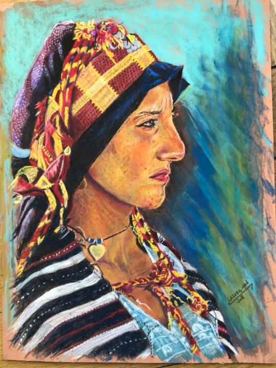 Ζωγραφική με τίτλο "Ait Hdiddou woman" από Mohamed Lazreg, Αυθεντικά έργα τέχνης, Παστέλ