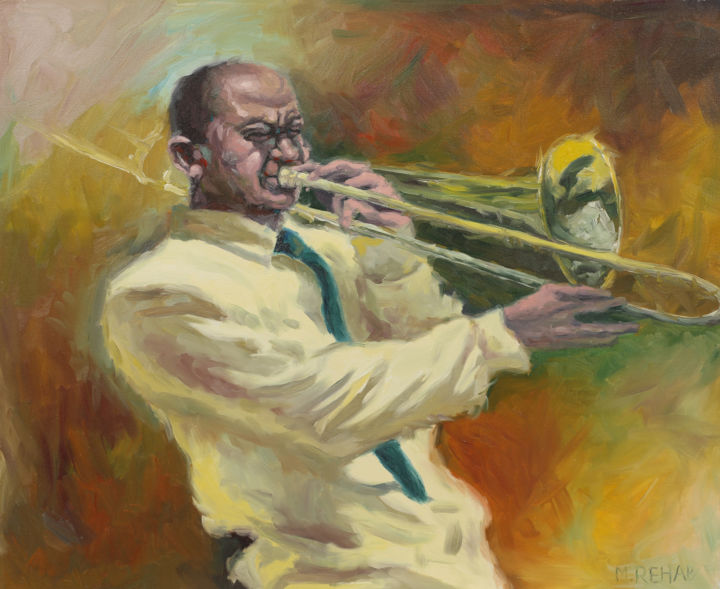 Painting titled "The sax player" by Mohamed Rehab, Original Artwork, Oil