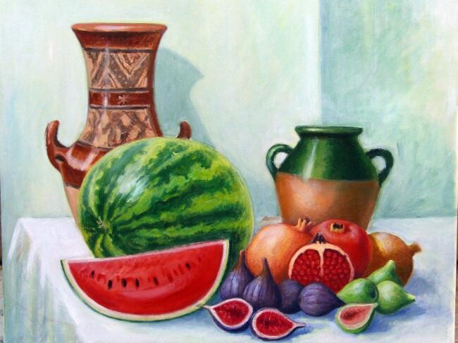 Painting titled "nature morte aux pa…" by Mohamed Yazid Kaddouri, Original Artwork, Oil