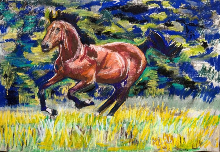 Painting titled "Horse in jungle" by Mohammad Ali, Original Artwork, Pastel