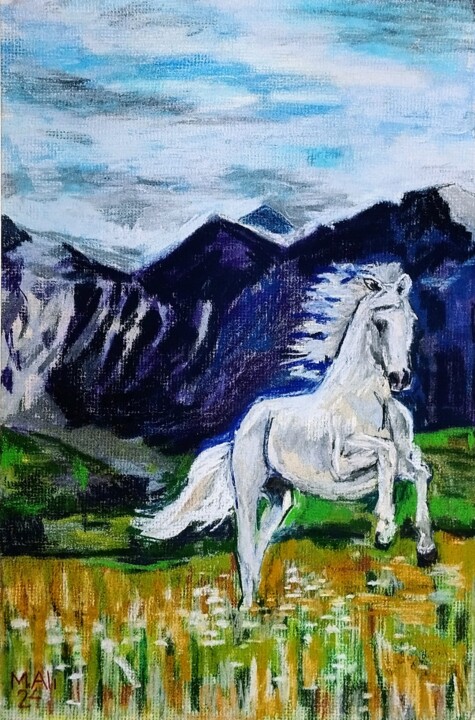 Peinture intitulée "Horse in valley" par Mohammad Ali, Œuvre d'art originale, Pastel