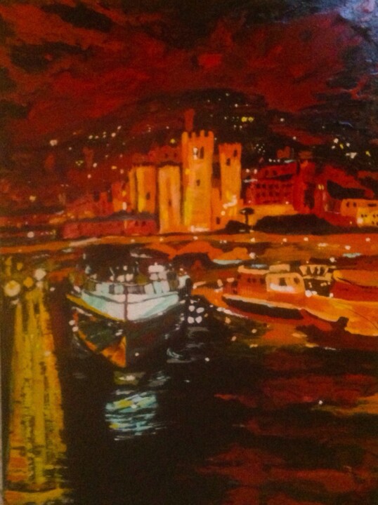 Painting titled "Le port la nuit" by Mohammed Rachid Iraqi, Original Artwork