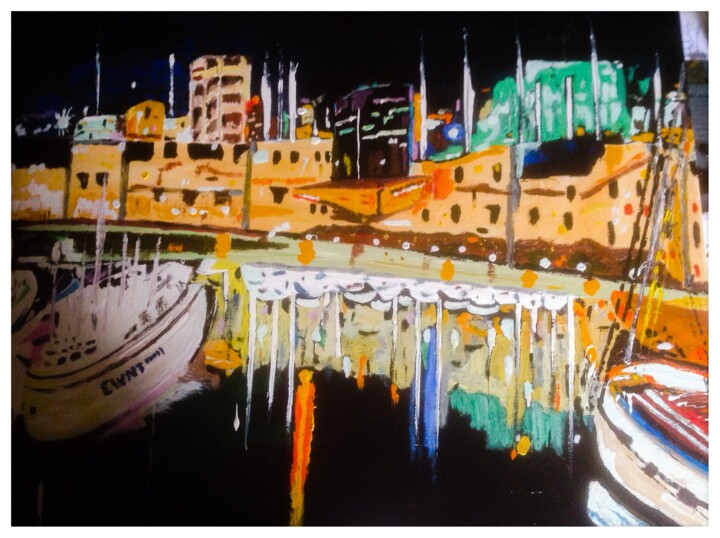 Peinture intitulée "Le port la nuit" par Mohammed Rachid Iraqi, Œuvre d'art originale, Huile