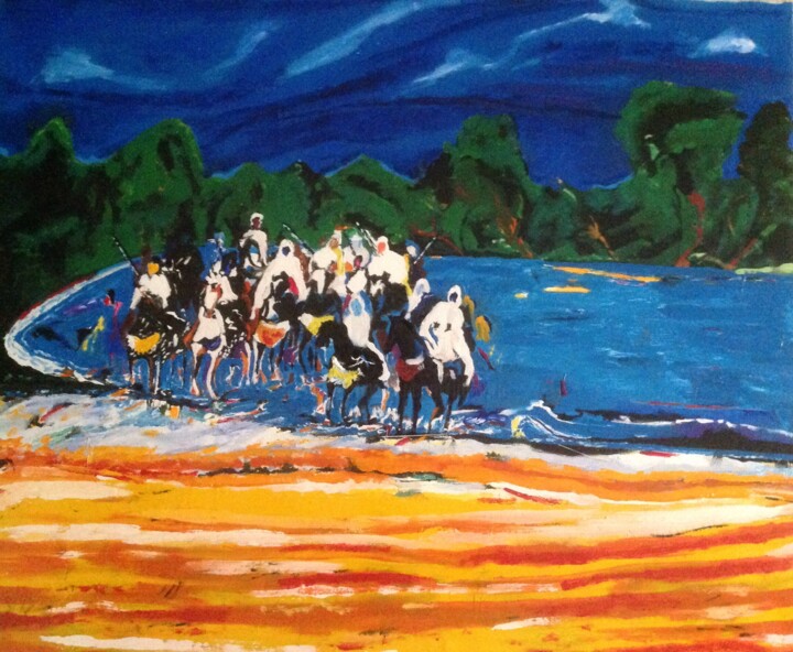 Картина под названием "La traversée cheval…" - Mohammed Rachid Iraqi, Подлинное произведение искусства, Масло