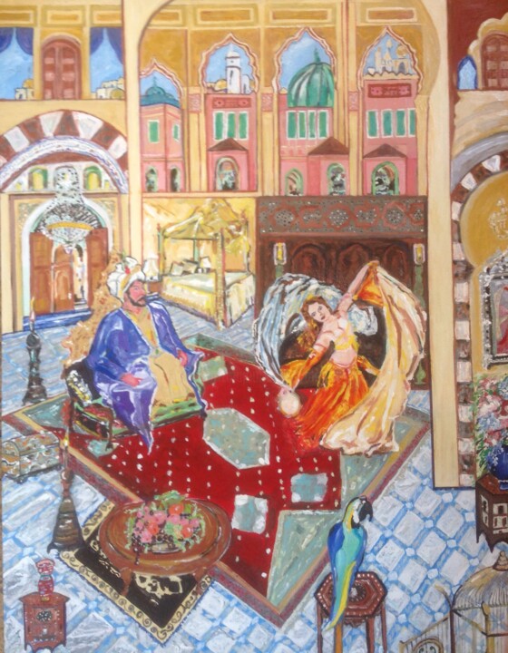 Peinture intitulée "Shehrazad and the 1…" par Mohammed Rachid Iraqi, Œuvre d'art originale, Huile