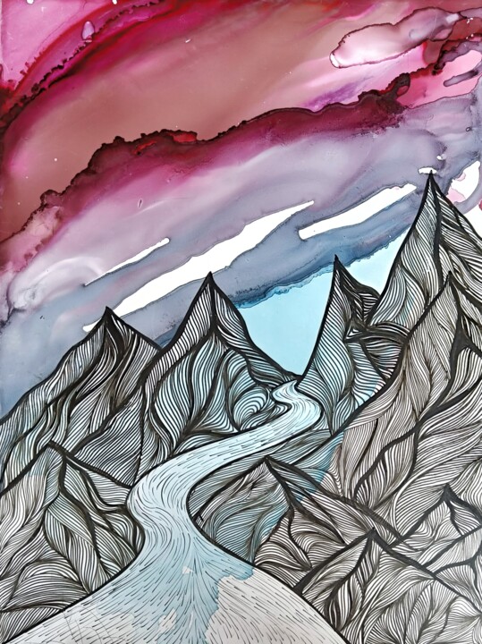 Pintura titulada "Mountainscape" por Mohita Garg, Obra de arte original, Tinta