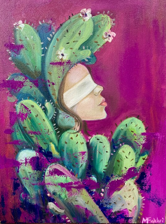 Schilderij getiteld "Cactus girl" door Mokhinur Fakhri, Origineel Kunstwerk, Olie