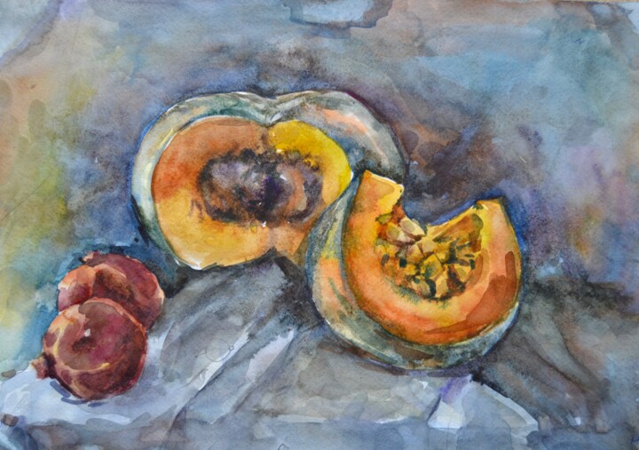 Schilderij getiteld "Pumpkins- pomegrana…" door Mokhinur Fakhri, Origineel Kunstwerk, Aquarel