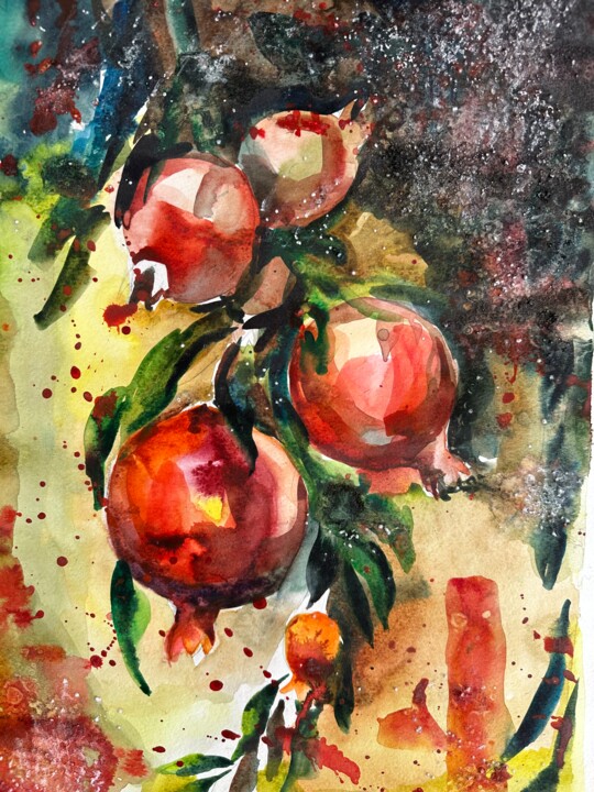 Painting titled "Pomegranate" by Mokhinur Fakhri, Original Artwork, Watercolor