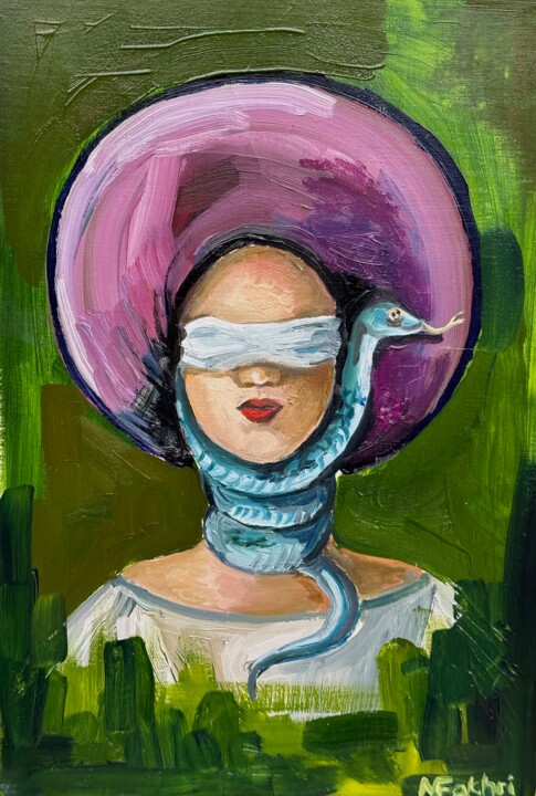 Schilderij getiteld "Woman with snake" door Mokhinur Fakhri, Origineel Kunstwerk, Olie