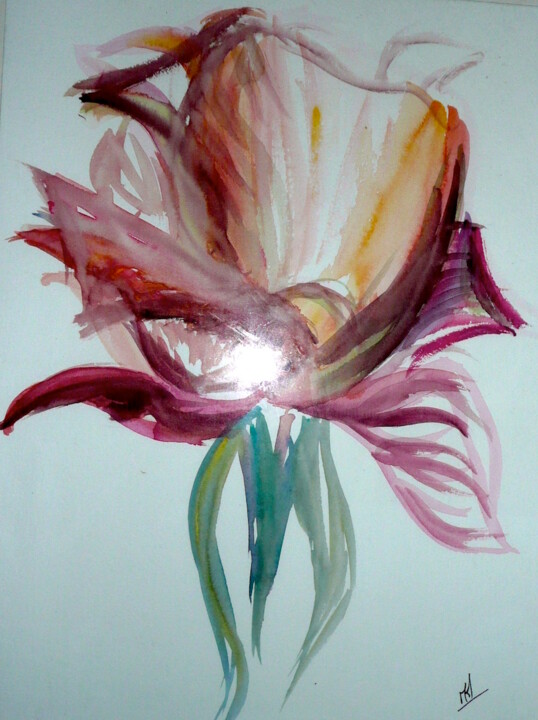 Peinture intitulée "Rose en légèreté" par Môm, Œuvre d'art originale, Aquarelle