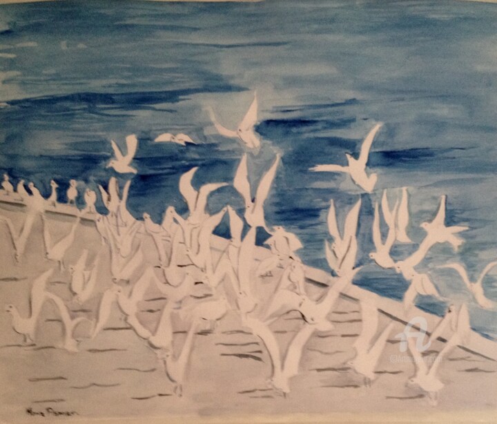 Painting titled "Seagulls landing" by Mona Asmar Ou Mona Hecker, Original Artwork, Watercolor