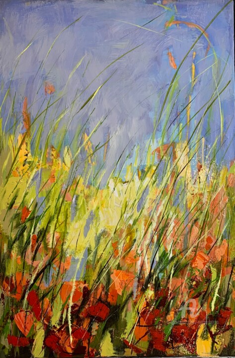 Painting titled "Les Coquelicots" by Mona Berga, Original Artwork, Oil Mounted on Wood Stretcher frame