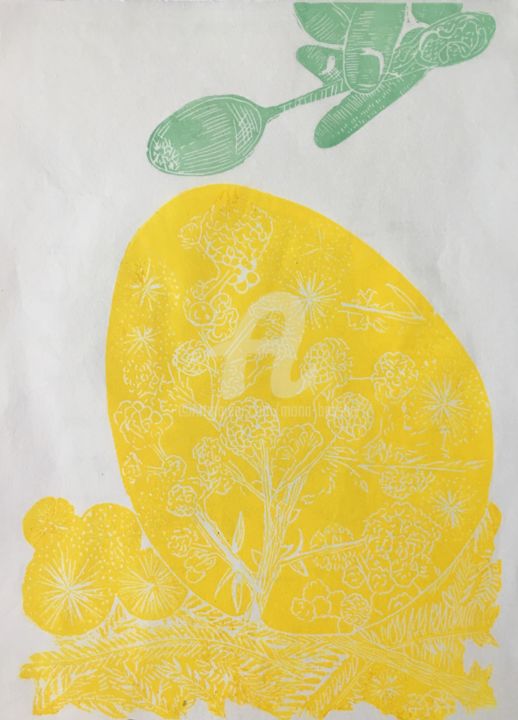 "OEuf mimosa" başlıklı Baskıresim Mona Bessaa tarafından, Orijinal sanat, Linocut