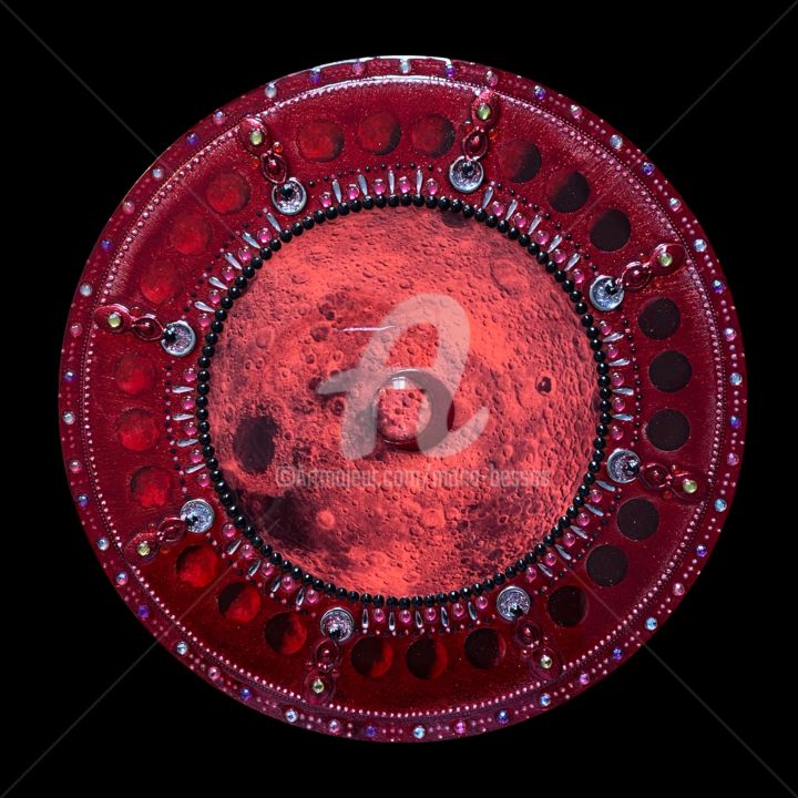 Painting titled "Red moon" by Mona Bessaa, Original Artwork, Collages Mounted on Wood Panel