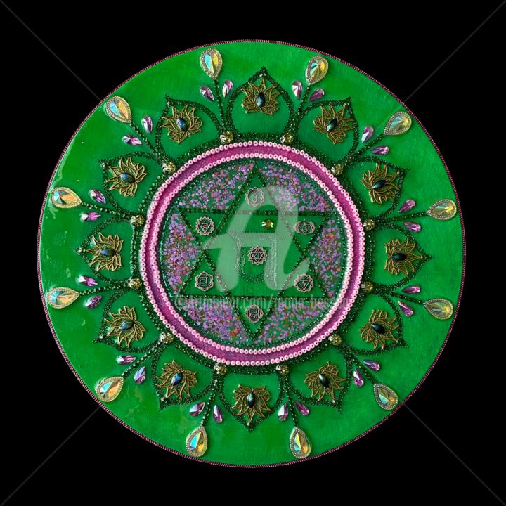 Painting titled "Anahata chakra PTAB1" by Mona Bessaa, Original Artwork, Collages Mounted on Wood Panel