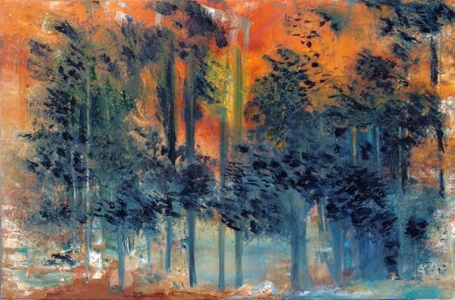 Pintura titulada "Forêt et crépuscule" por Mona Roussette, Obra de arte original, Oleo