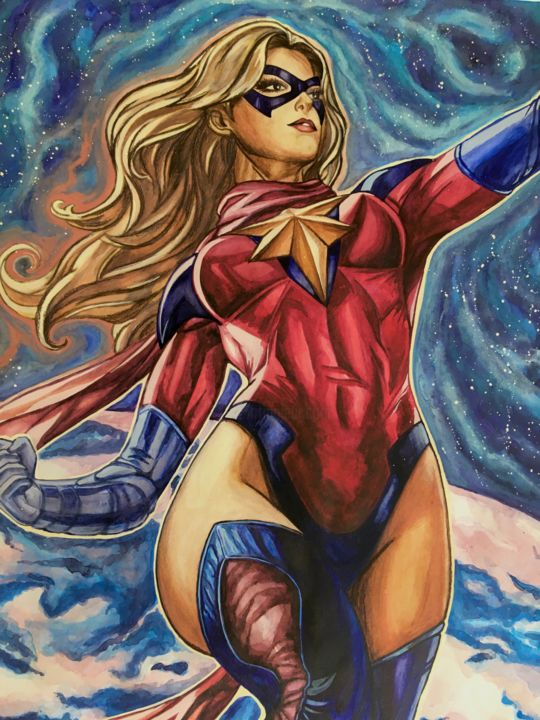 Peinture intitulée "Captain Marvel / Av…" par Kristina Art Gallery, Œuvre d'art originale, Aquarelle Monté sur Carton